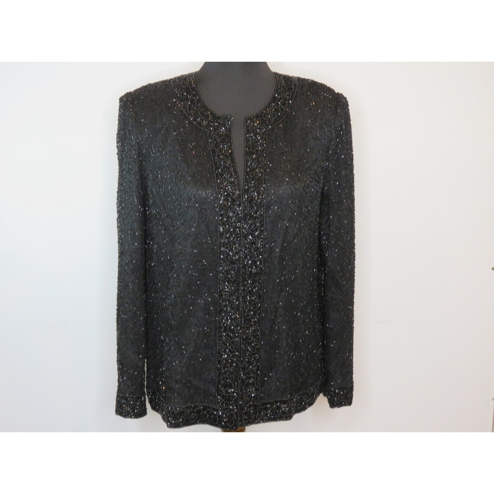 Vintage Kazar Beaded Jacket Black Silk Cocktail Evening Blazer Ornate Formal M